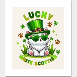 Lucky White Scottish Funny Cat St. Patricks Day Posters and Art